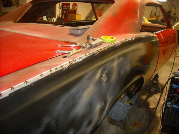 66_GTO_right_quarter_panel_trimed_and_spot_welded